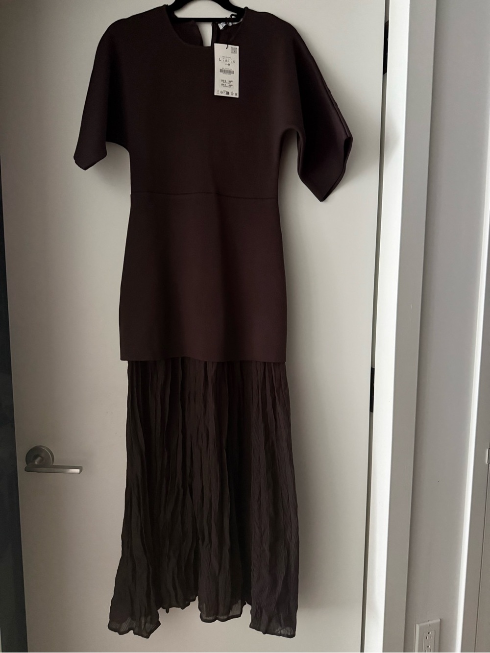 Zara Brown Short-Sleeve Dress with Sheer Maxi Skirt